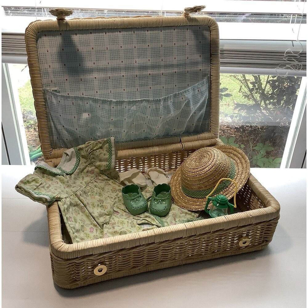 Bitty Baby American Girl Vintage Wicker Basket Suitcase Gardening Outfit Set Hat